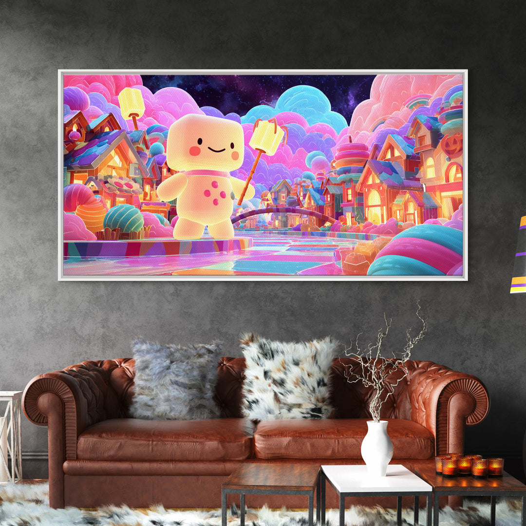 The Upside-Down Candy Kingdom, Vaporwave Halloween Decor, Wide Panoramic Art, Canvas Print, Retro Halloween Decor, Neon Wall Art