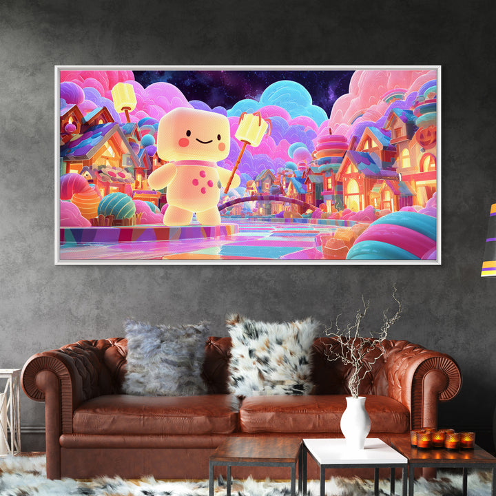 The Upside-Down Candy Kingdom, Vaporwave Halloween Decor, Wide Panoramic Art, Canvas Print, Retro Halloween Decor, Neon Wall Art