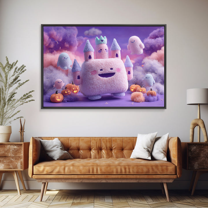 The Halloween Cloud Castle, Vaporwave Halloween Decor, Landscape Wall Art, Framed Canvas Print, Retro Halloween Decor, Neon Wall Art