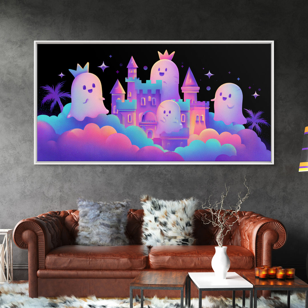 The Halloween Cloud Castle, 80s Halloween Wall Art, Wide Panoramic Art, Framed Canvas Print, Retro Halloween Decor, Neon Wall Art