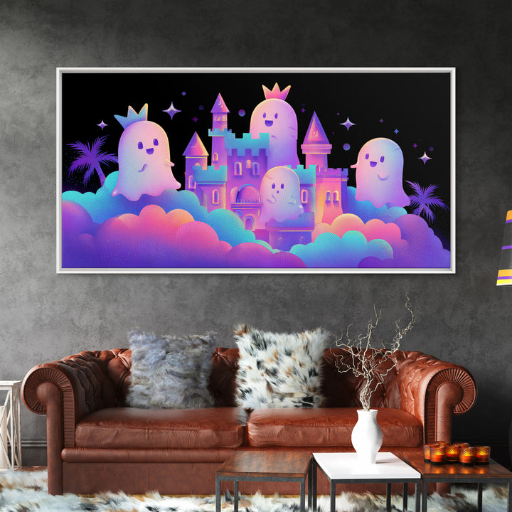 The Halloween Cloud Castle, 80s Halloween Wall Art, Wide Panoramic Art, Framed Canvas Print, Retro Halloween Decor, Neon Wall Art