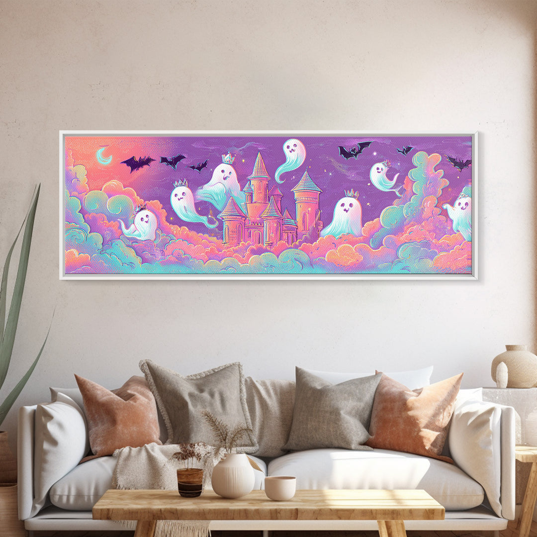 The Halloween Cloud Castle, Retro Neon Halloween Art, Extra Wide Wall Art, Framed Canvas Print, Retro Halloween Decor, Neon Wall Art