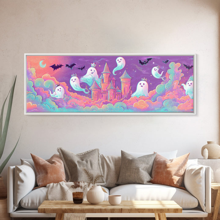 The Halloween Cloud Castle, Retro Neon Halloween Art, Extra Wide Wall Art, Framed Canvas Print, Retro Halloween Decor, Neon Wall Art