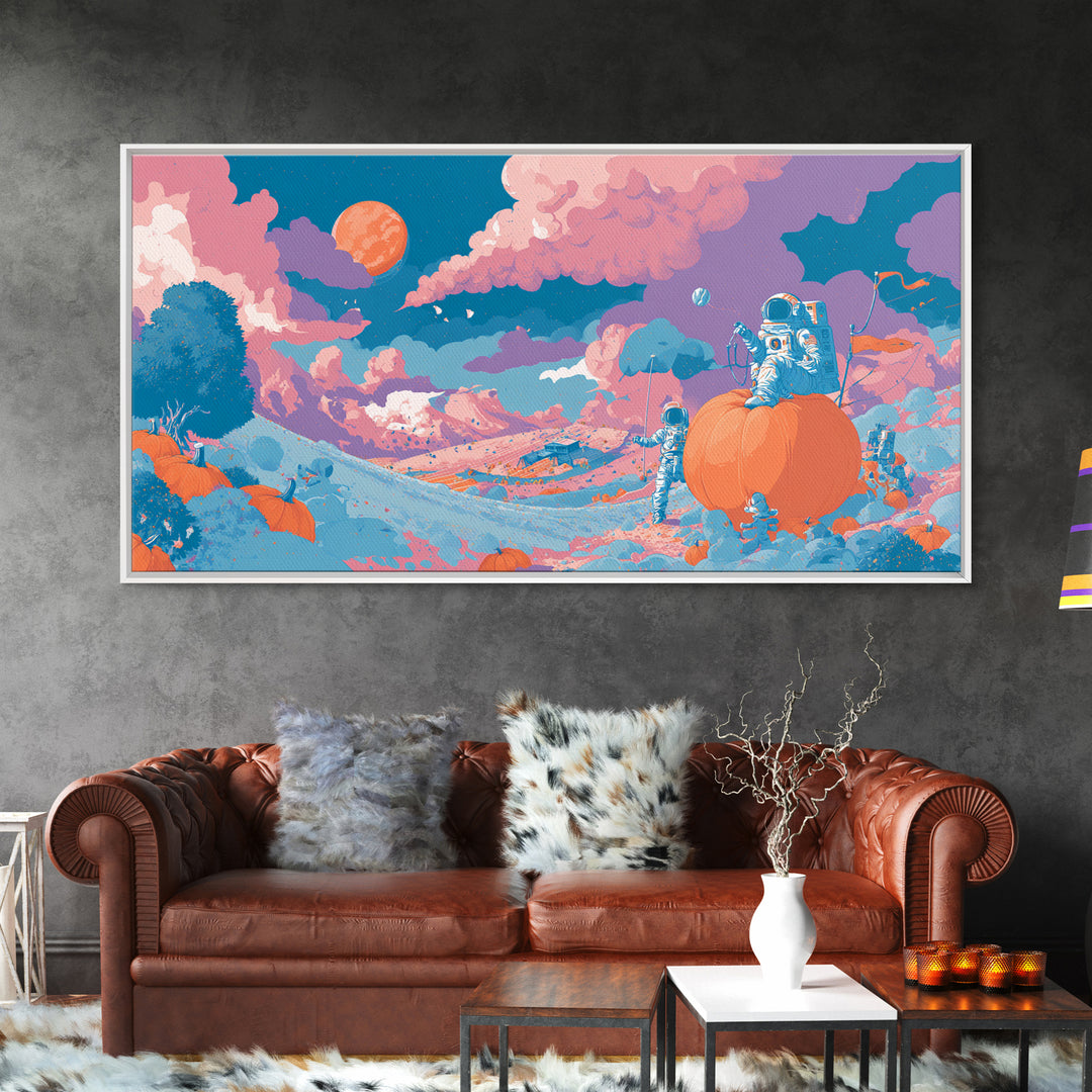 The Pumpkin Moon Expedition, Cute Spooky Neon Art, Wide Panoramic Art, Canvas Print, Retro Halloween Decor, Neon Wall Art, Spooky Wall Decor