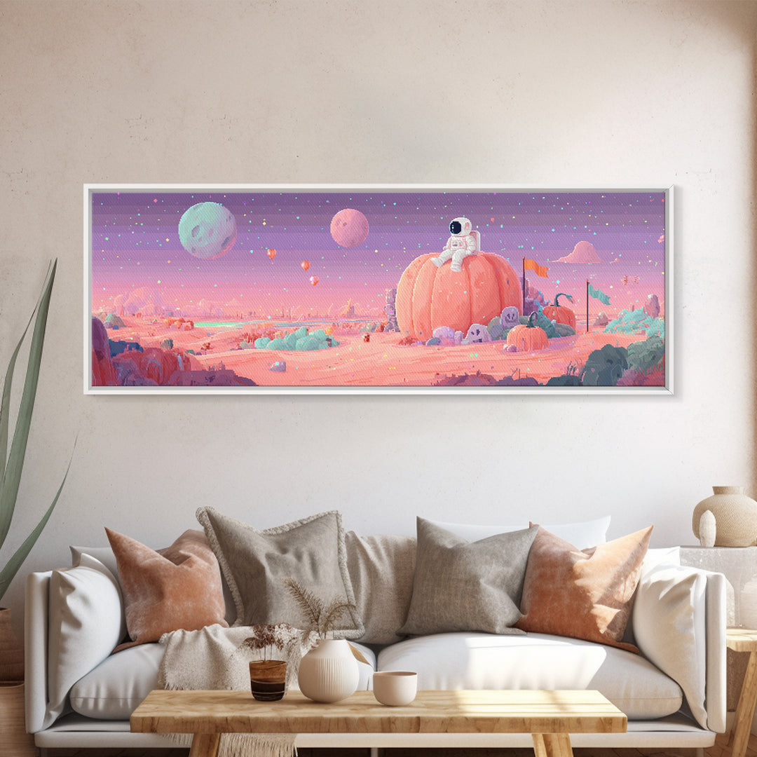The Pumpkin Moon Expedition, Cute Spooky Neon Art, Extra Wide Wall Art, Framed Canvas Print, Retro Halloween Decor, Neon Wall Art