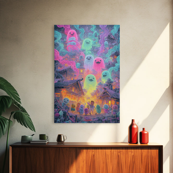The Ghost Balloon City, Retro Neon Halloween Art, Vertical Wall Art, Framed Canvas Print, Retro Halloween Decor, Neon Wall Art