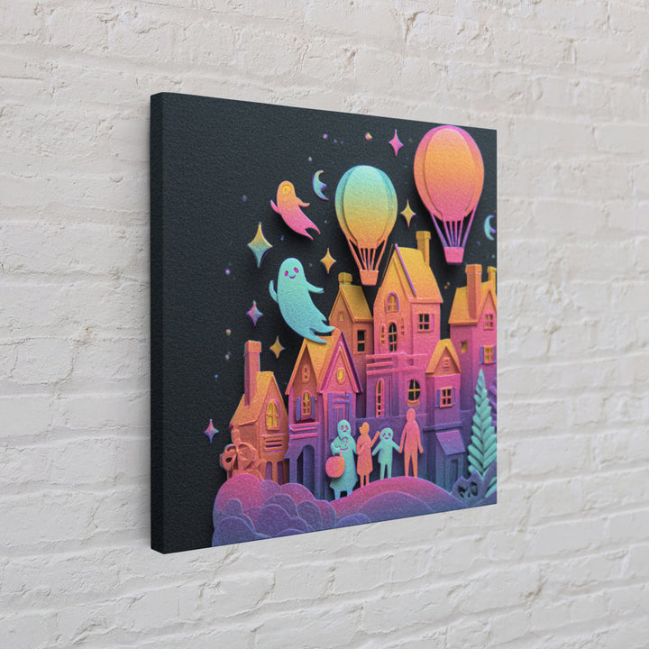 The Ghost Balloon City, Cute Spooky Neon Art, Square Wall Art, Canvas Print, Retro Halloween Decor, Neon Wall Art, Horror Wall Art