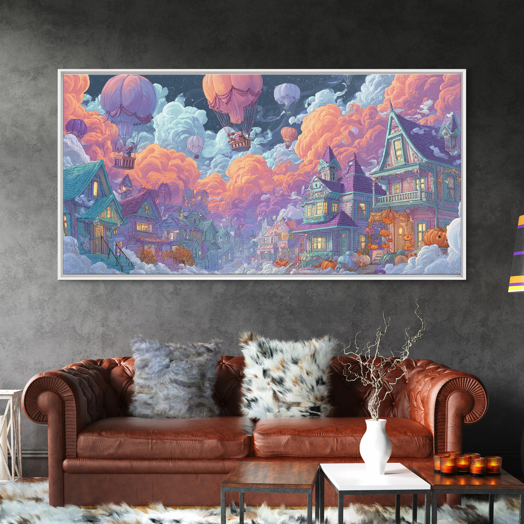 The Ghost Balloon City, Synthwave Halloween Art, Wide Panoramic Art, Framed Canvas Print, Retro Halloween Decor, Neon Wall Art