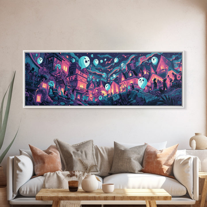 The Ghost Balloon City, Synthwave Halloween Art, Extra Wide Wall Art, Canvas Print, Retro Halloween Decor, Neon Wall Art, Statement Wall Art