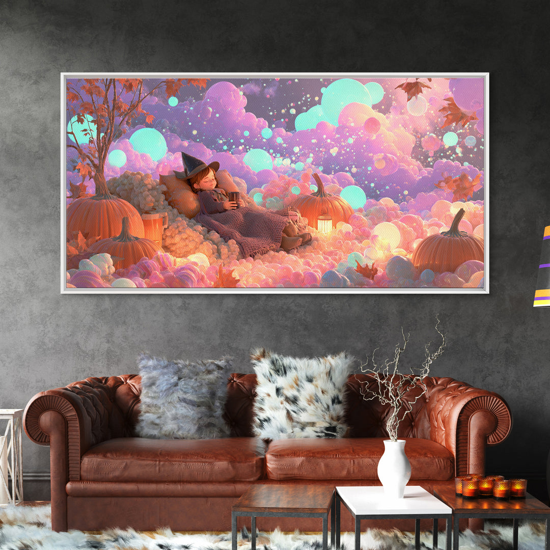The Candy Comet Adventure, Synthwave Halloween Art, Wide Panoramic Art, Framed Canvas Print, Retro Halloween Decor, Neon Wall Art