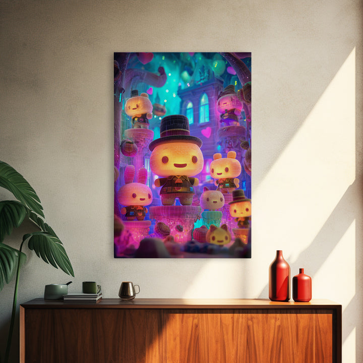 The Halloween Toy Kingdom, Cute Spooky Neon Art, Vertical Wall Art, Framed Canvas Print, Retro Halloween Decor, Neon Wall Art