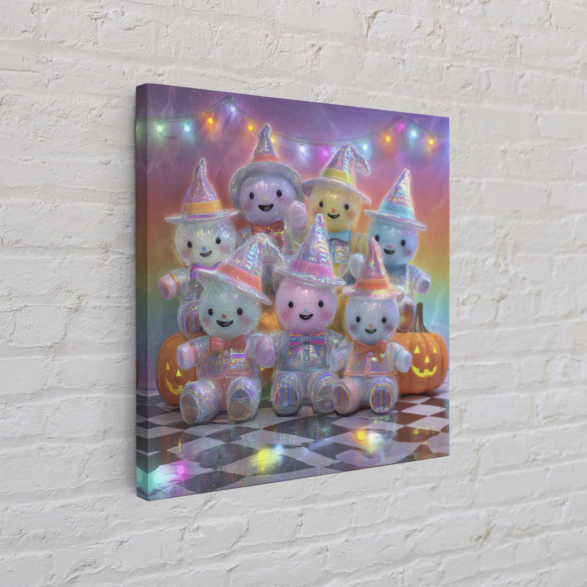The Halloween Toy Kingdom, Cute Spooky Neon Art, Square Wall Art, Framed Canvas Print, Retro Halloween Decor, Neon Wall Art