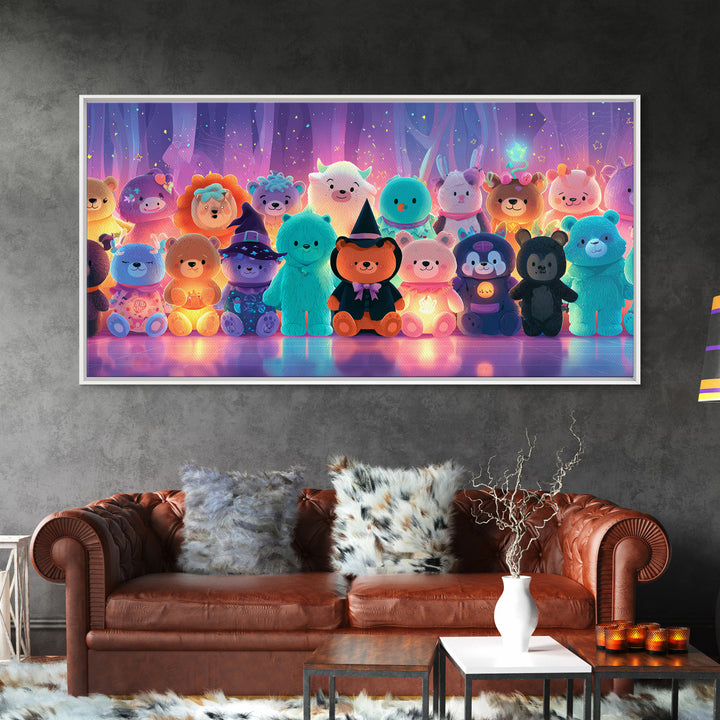 The Halloween Toy Kingdom, Vaporwave Halloween Decor, Wide Panoramic Art, Framed Canvas Print, Retro Halloween Decor, Neon Wall Art