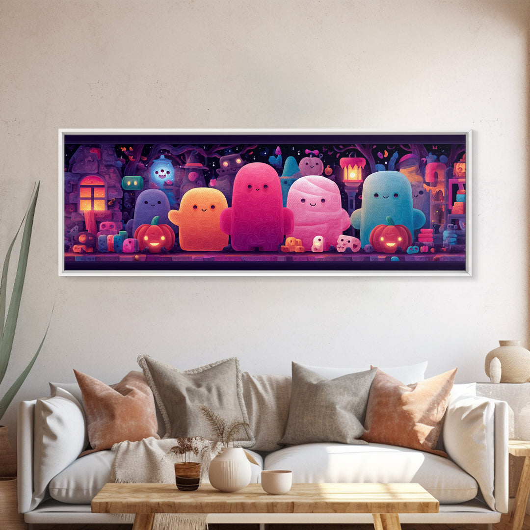 The Halloween Toy Kingdom, Cute Spooky Neon Art, Extra Wide Wall Art, Canvas Print, Retro Halloween Decor, Neon Wall Art, Dark Fantasy Art