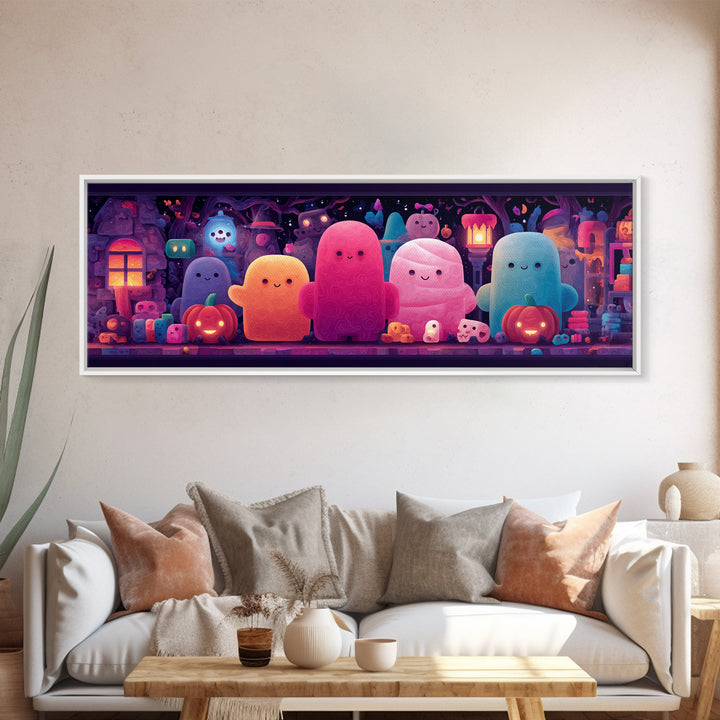 The Halloween Toy Kingdom, Cute Spooky Neon Art, Extra Wide Wall Art, Canvas Print, Retro Halloween Decor, Neon Wall Art, Dark Fantasy Art