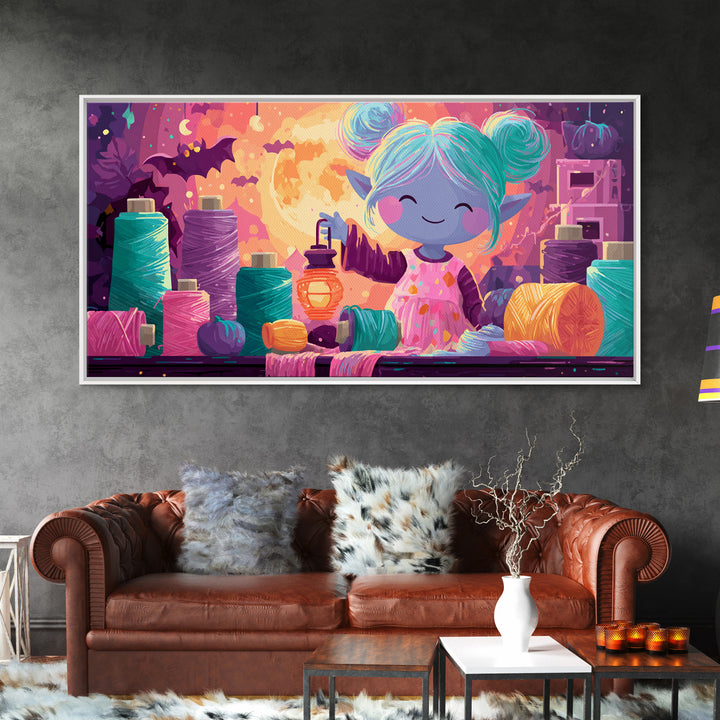 The Magical Costume Workshop, 80s Halloween Wall Art, Wide Panoramic Art, Framed Canvas Print, Retro Halloween Decor, Neon Wall Art