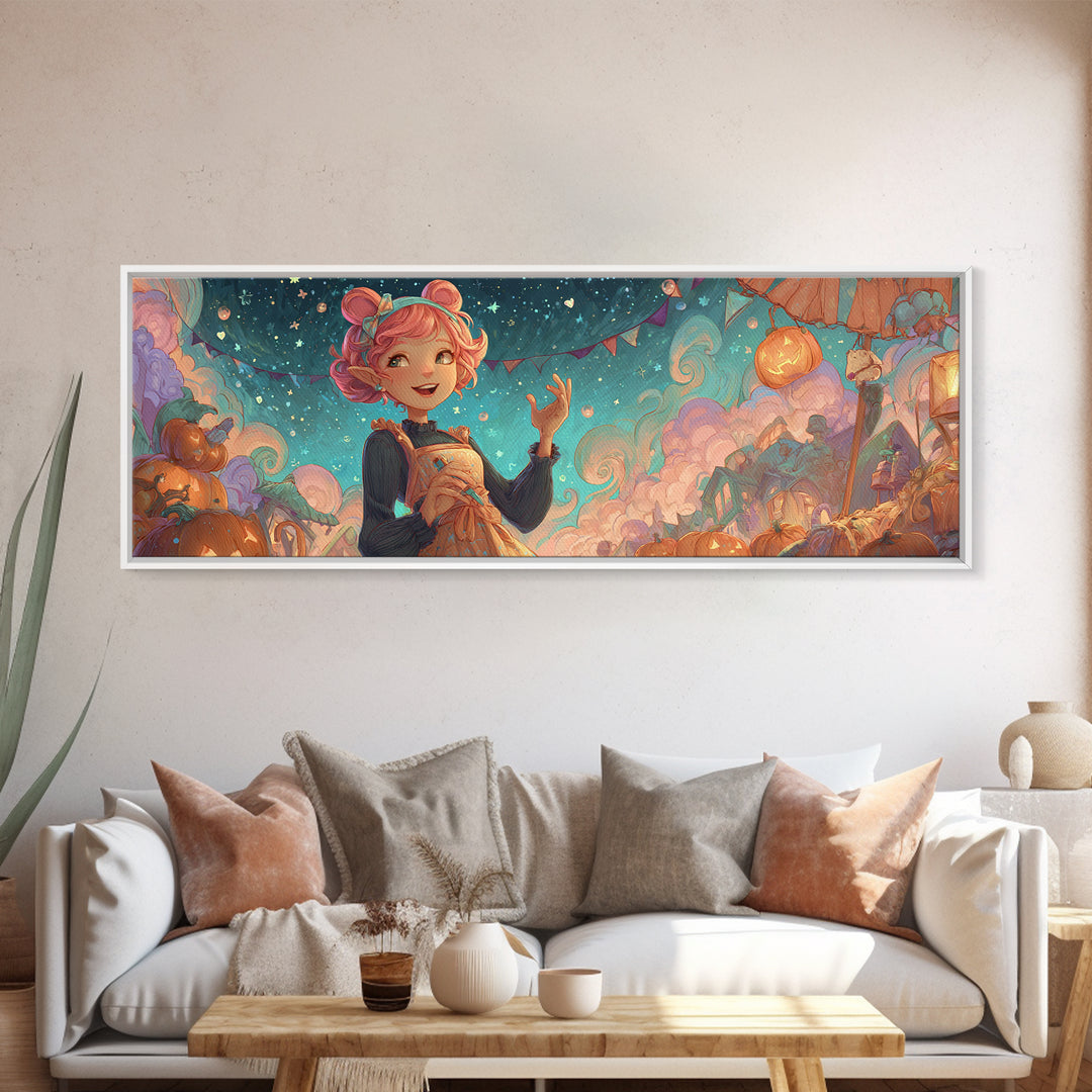 The Magical Costume Workshop, Synthwave Halloween Art, Extra Wide Wall Art, Canvas Print, Retro Halloween Decor, Neon Wall Art