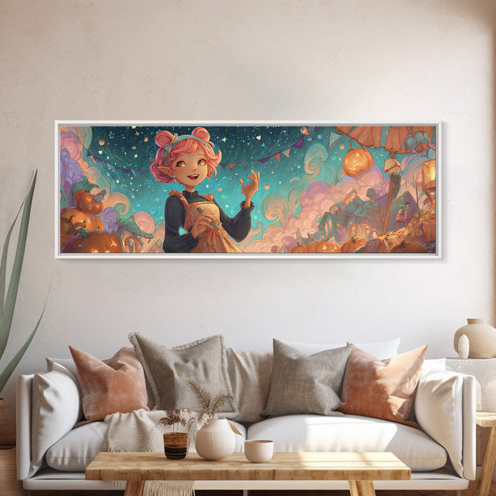 The Magical Costume Workshop, Synthwave Halloween Art, Extra Wide Wall Art, Canvas Print, Retro Halloween Decor, Neon Wall Art