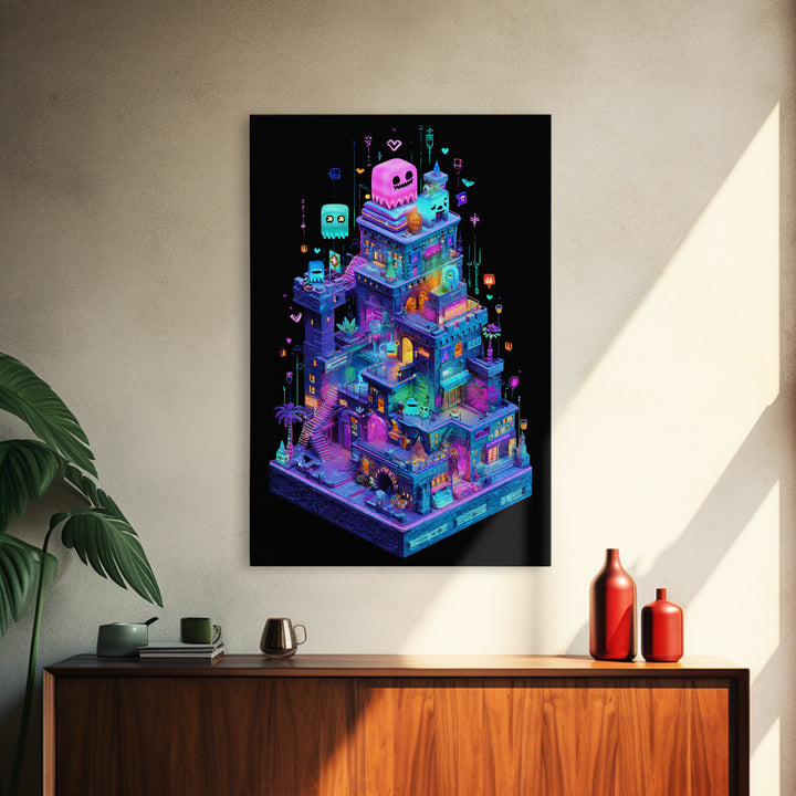 The Great Monster Pajama Party, Retro Neon Halloween Art, Vertical Wall Art, Framed Canvas Print, Retro Halloween Decor, Neon Wall Art