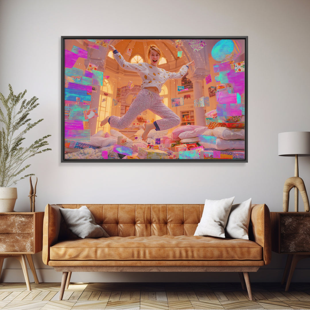 The Great Monster Pajama Party, Cute Spooky Neon Art, Landscape Wall Art, Framed Canvas Print, Retro Halloween Decor, Neon Wall Art