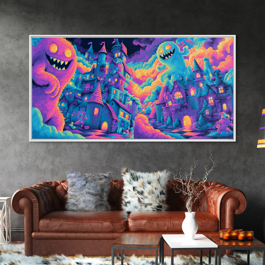The Great Monster Pajama Party, Cute Spooky Neon Art, Wide Panoramic Art, Framed Canvas Print, Retro Halloween Decor, Neon Wall Art