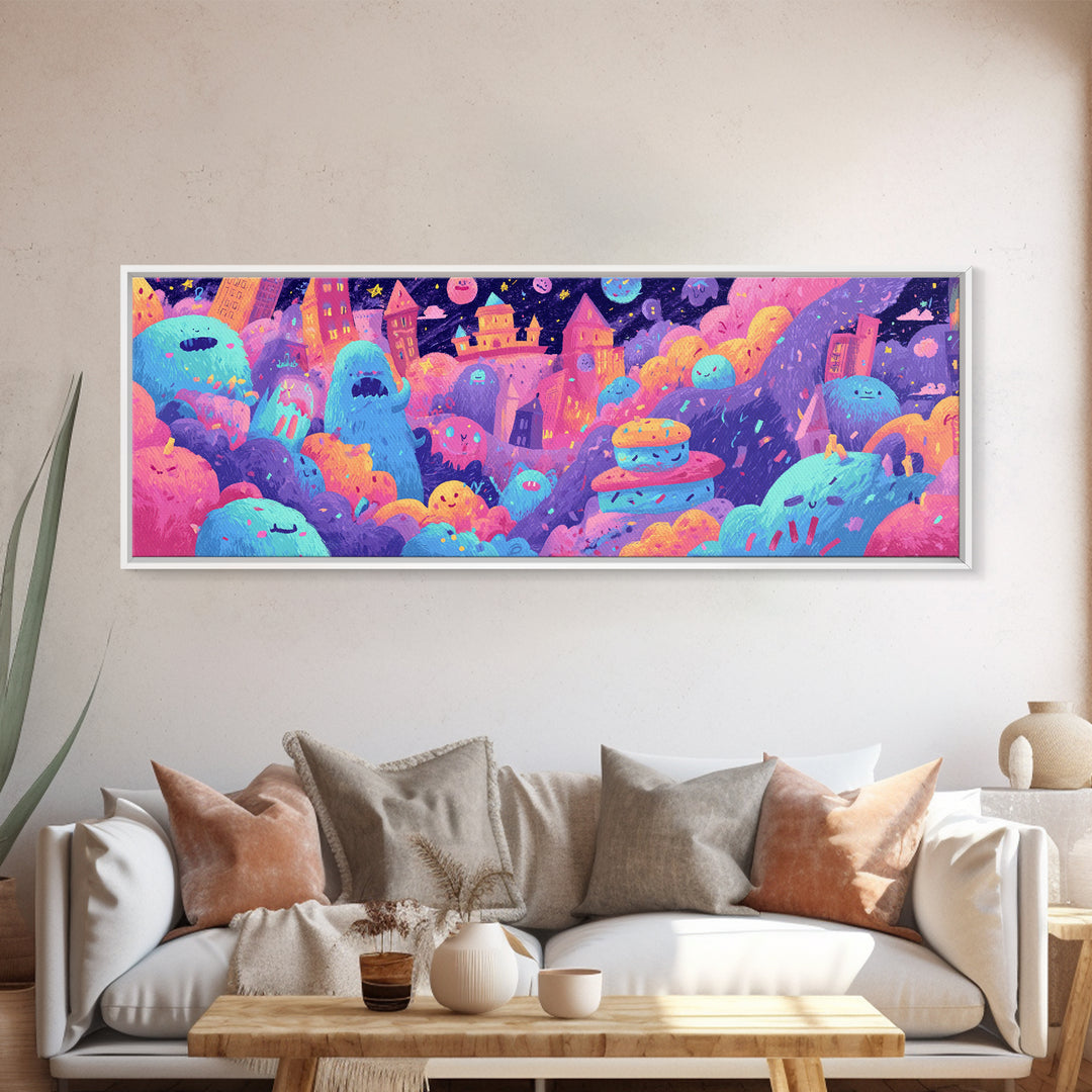 The Great Monster Pajama Party, Vaporwave Halloween Decor, Extra Wide Wall Art, Canvas Print, Retro Halloween Decor, Neon Wall Art