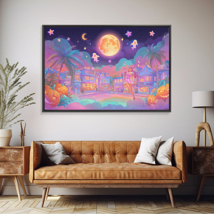 The Rainbow Halloween Night, 80s Halloween Wall Art, Landscape Wall Art, Canvas Print, Retro Halloween Decor, Neon Wall Art