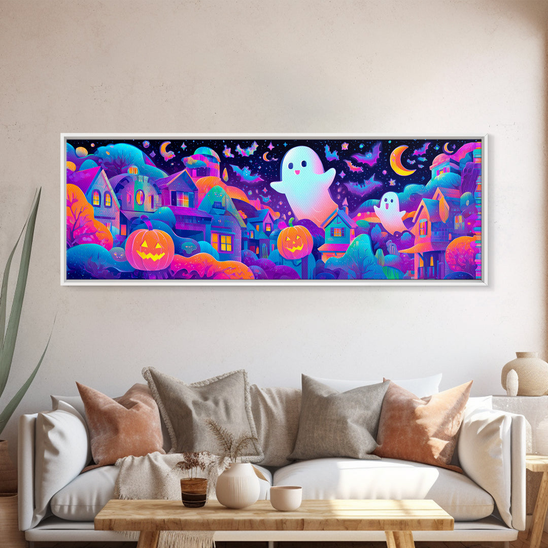 The Rainbow Halloween Night, Cute Spooky Neon Art, Extra Wide Wall Art, Canvas Print, Retro Halloween Decor, Neon Wall Art