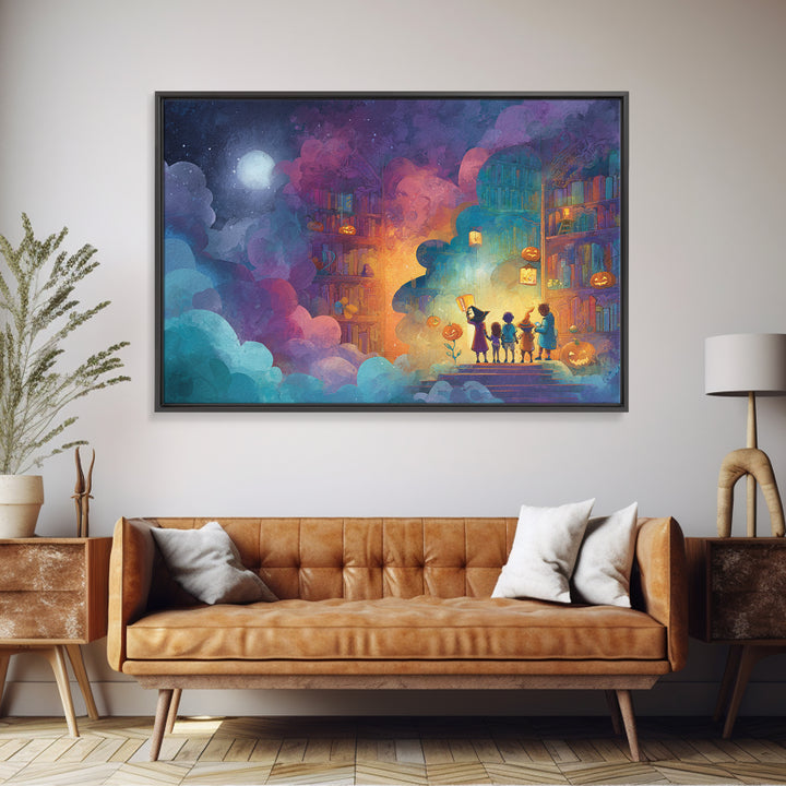 The Enchanted Halloween Library, Retro Neon Halloween Art, Landscape Wall Art, Framed Canvas Print, Retro Halloween Decor, Neon Wall Art