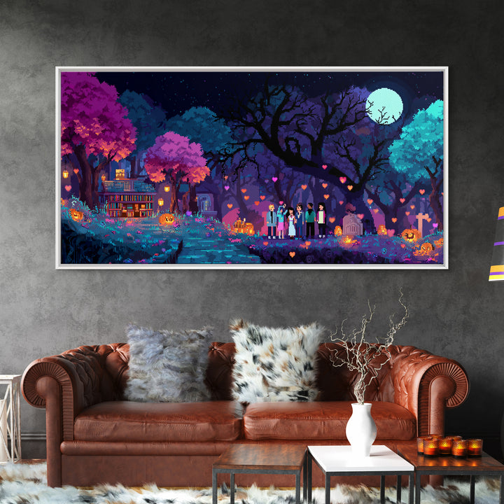 The Enchanted Halloween Library, Cute Spooky Neon Art, Wide Panoramic Art, Canvas Print, Retro Halloween Decor, Neon Wall Art