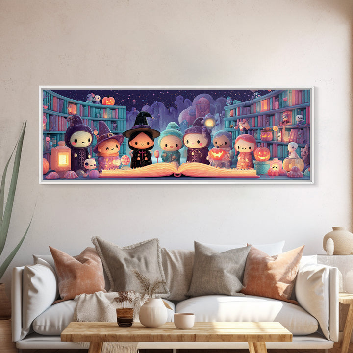 The Enchanted Halloween Library, Cute Spooky Neon Art, Extra Wide Wall Art, Canvas Print, Retro Halloween Decor, Neon Wall Art