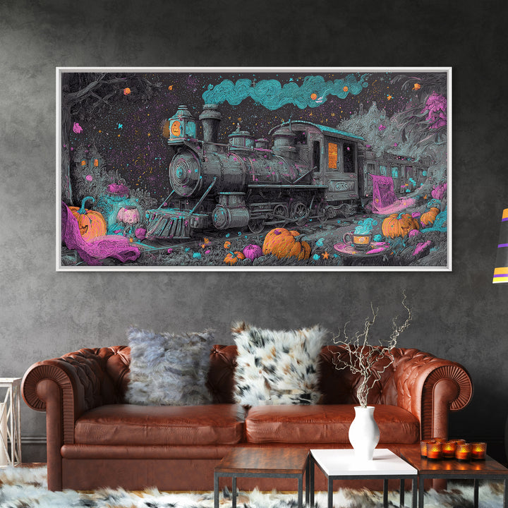 The Trick-Or-Treat Express, Synthwave Halloween Art, Wide Panoramic Art, Canvas Print, Retro Halloween Decor, Neon Wall Art