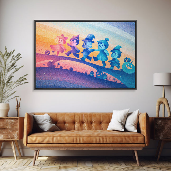 The Parade Across The Stars, Cute Spooky Neon Art, Landscape Wall Art, Canvas Print, Retro Halloween Decor, Neon Wall Art, Spooky Wall Decor