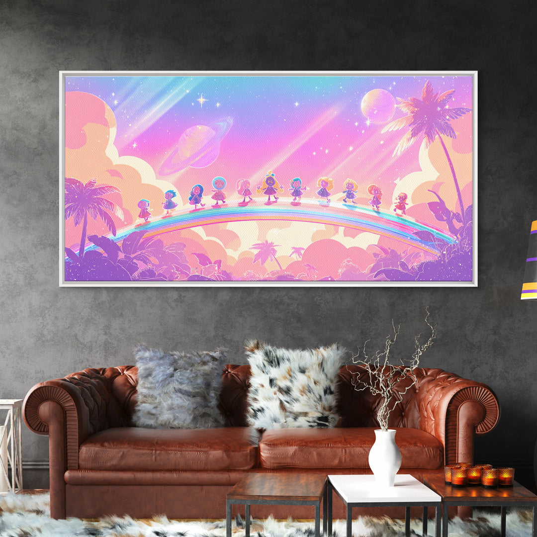 The Parade Across The Stars, Synthwave Halloween Art, Wide Panoramic Art, Framed Canvas Print, Retro Halloween Decor, Neon Wall Art