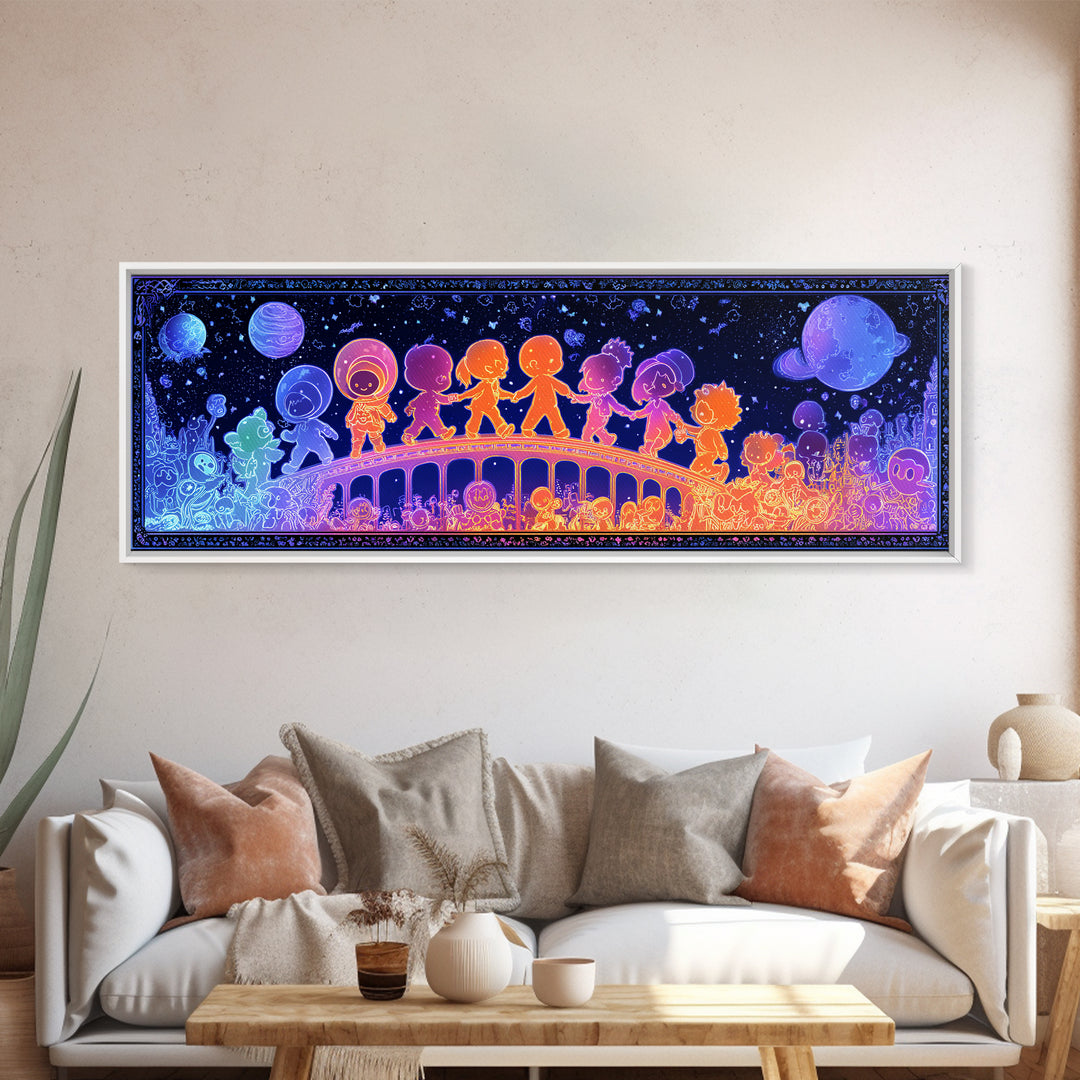 The Parade Across The Stars, Retro Neon Halloween Art, Extra Wide Wall Art, Framed Canvas Print, Retro Halloween Decor, Neon Wall Art