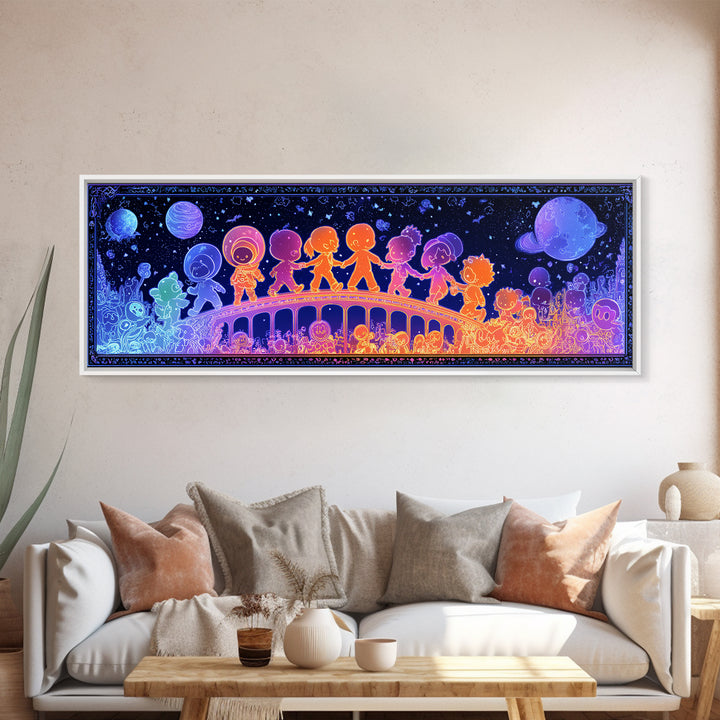 The Parade Across The Stars, Retro Neon Halloween Art, Extra Wide Wall Art, Framed Canvas Print, Retro Halloween Decor, Neon Wall Art