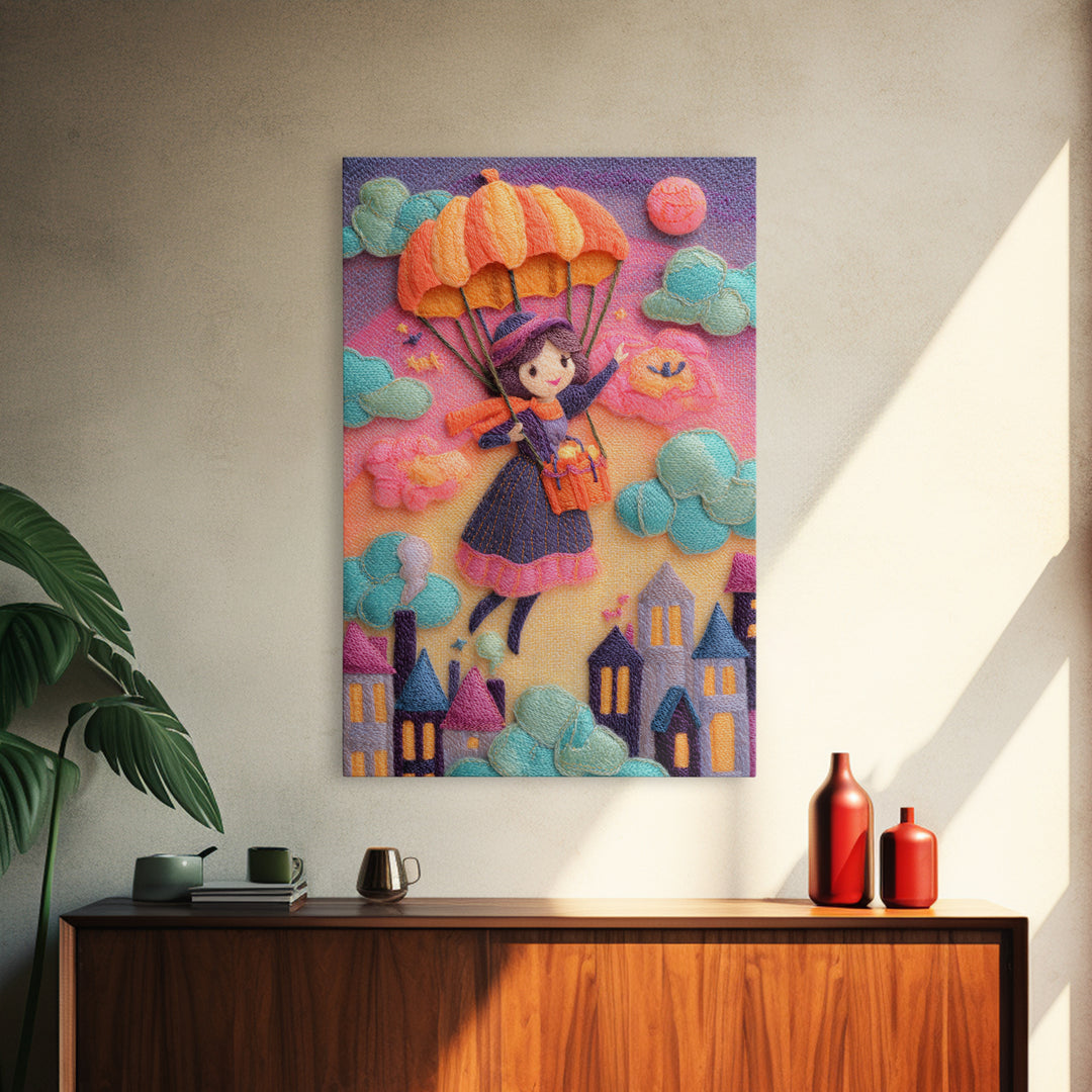 The Enchanted Umbrella Adventure, 80s Halloween Wall Art, Vertical Wall Art, Canvas Print, Retro Halloween Decor, Neon Wall Art