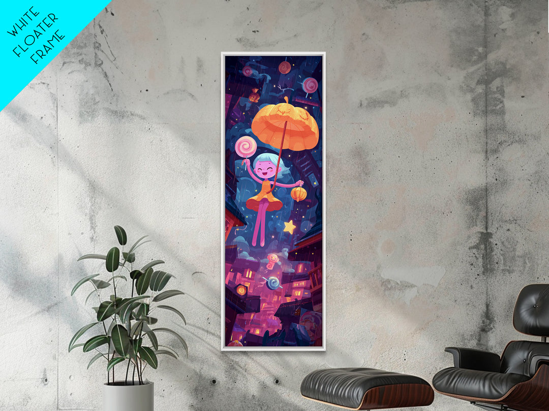The Enchanted Umbrella Adventure, Vaporwave Halloween Decor, Tall Narrow Wall Art, Canvas Print, Retro Halloween Decor, Neon Wall Art