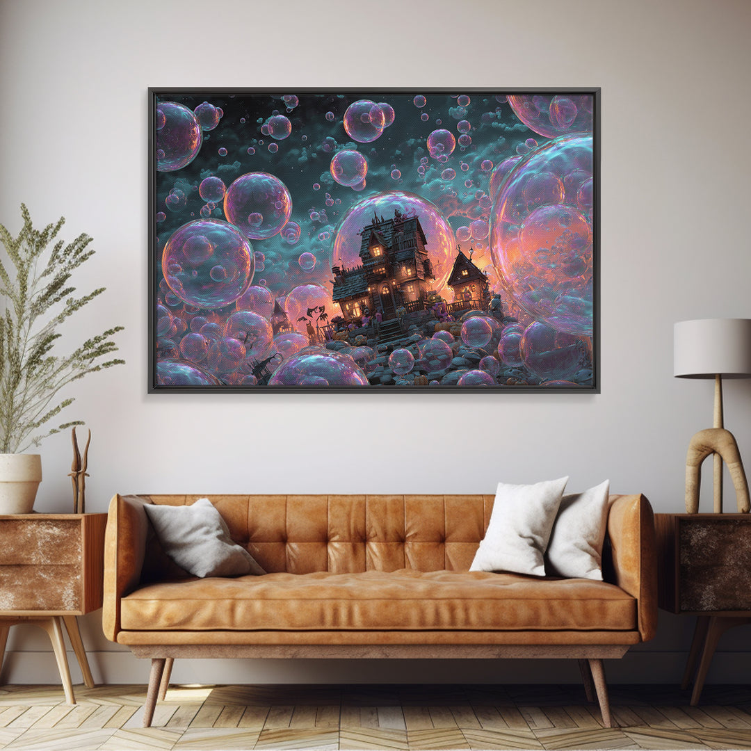 The Halloween Bubble Village, Synthwave Halloween Art, Landscape Wall Art, Framed Canvas Print, Retro Halloween Decor, Neon Wall Art