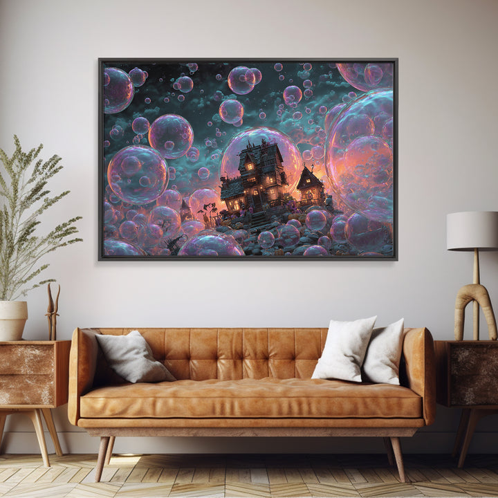 The Halloween Bubble Village, Synthwave Halloween Art, Landscape Wall Art, Framed Canvas Print, Retro Halloween Decor, Neon Wall Art