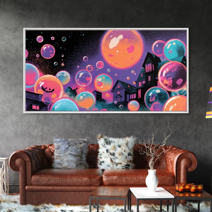The Halloween Bubble Village, Synthwave Halloween Art, Wide Panoramic Art, Framed Canvas Print, Retro Halloween Decor, Neon Wall Art