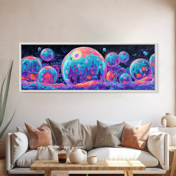 The Halloween Bubble Village, Cute Spooky Neon Art, Extra Wide Wall Art, Canvas Print, Retro Halloween Decor, Neon Wall Art