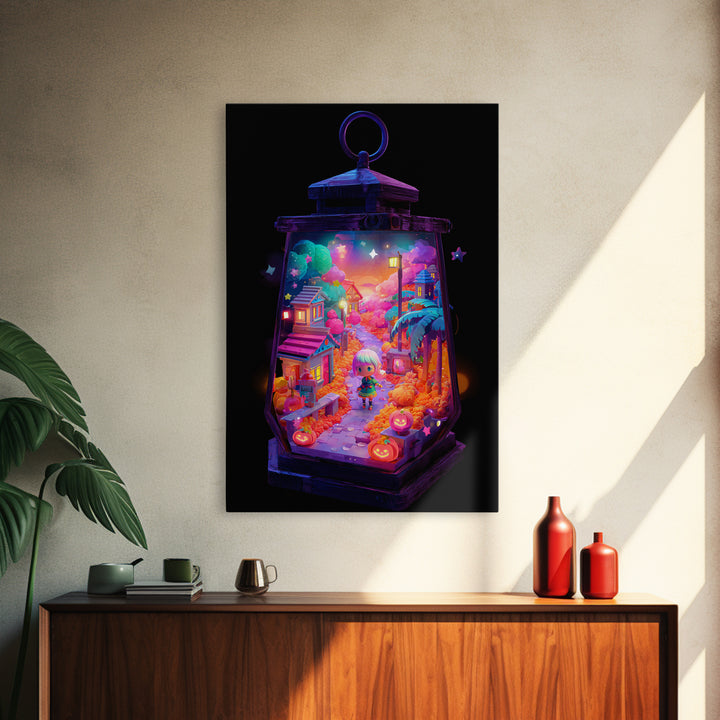 The World Inside A Lantern, Cute Spooky Neon Art, Vertical Wall Art, Canvas Print, Retro Halloween Decor, Neon Wall Art, Macabre Wall Art