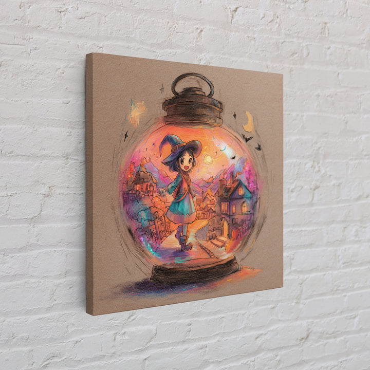 The World Inside A Lantern, Cute Spooky Neon Art, Square Wall Art, Framed Canvas Print, Retro Halloween Decor, Neon Wall Art