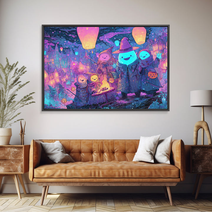 The Costume Planet, Vaporwave Halloween Decor, Landscape Wall Art, Framed Canvas Print, Retro Halloween Decor, Neon Wall Art