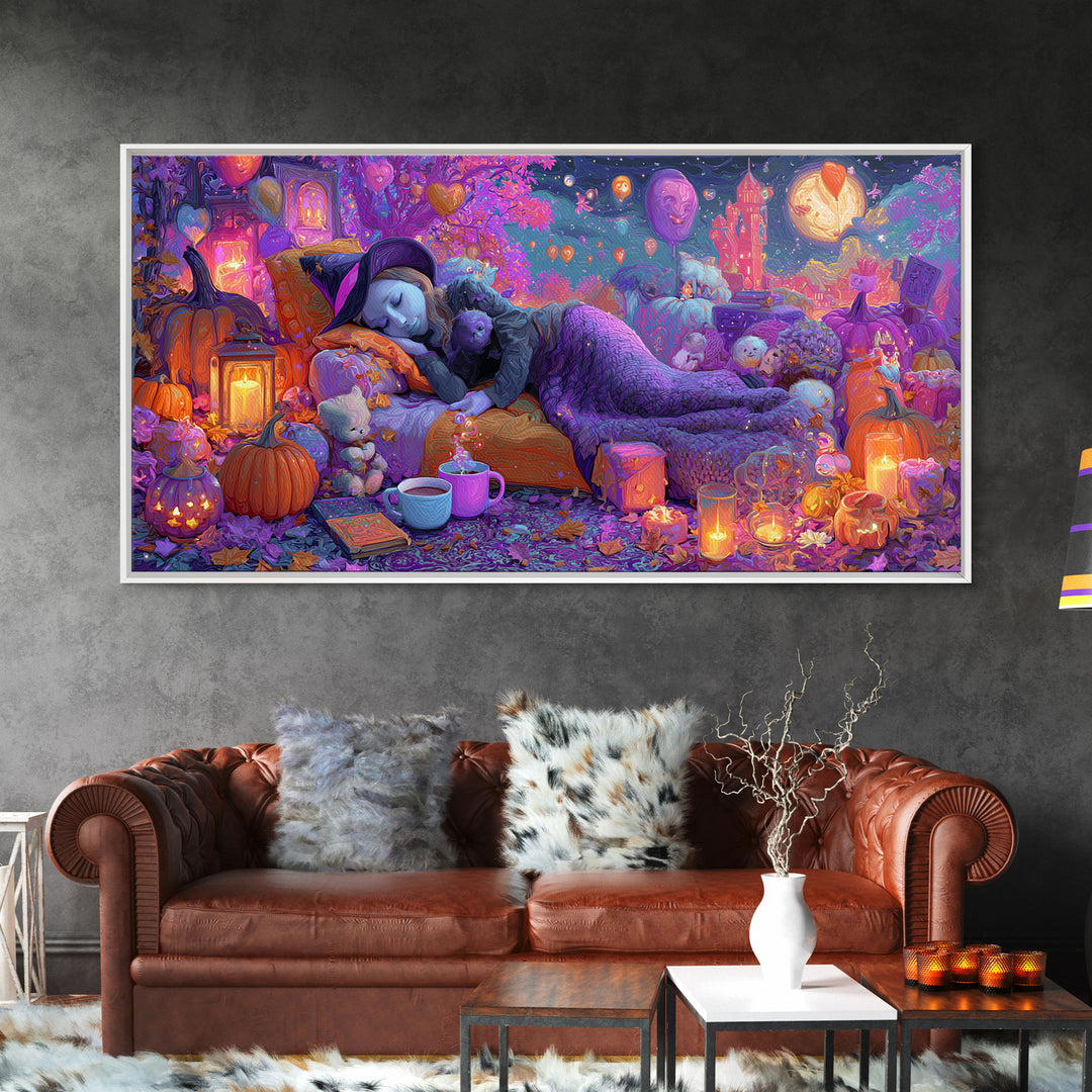 The Festival Of Friendly Frights, 80s Halloween Wall Art, Wide Panoramic Art, Framed Canvas Print, Retro Halloween Decor, Neon Wall Art