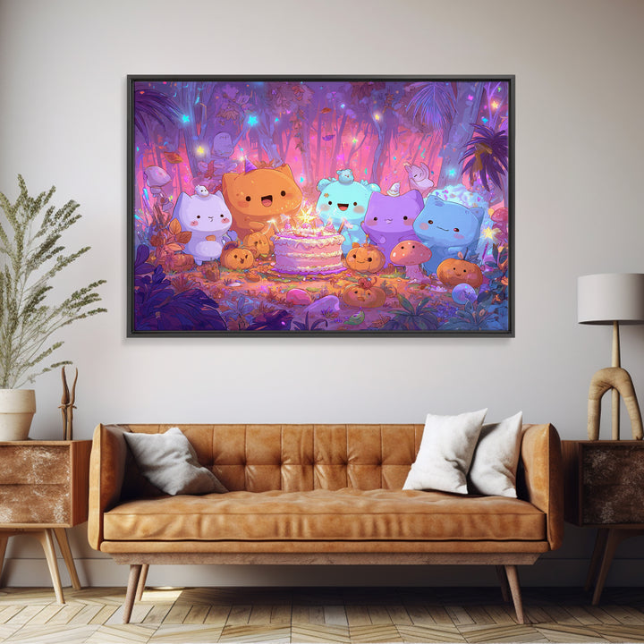 October'S Birthday Party, Cute Spooky Neon Art, Landscape Wall Art, Framed Canvas Print, Retro Halloween Decor, Neon Wall Art