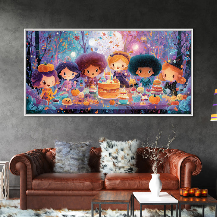 October'S Birthday Party, Vaporwave Halloween Decor, Wide Panoramic Art, Framed Canvas Print, Retro Halloween Decor, Neon Wall Art