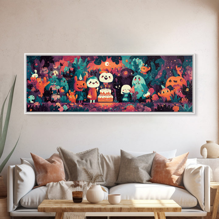 October'S Birthday Party, Vaporwave Halloween Decor, Extra Wide Wall Art, Canvas Print, Retro Halloween Decor, Neon Wall Art