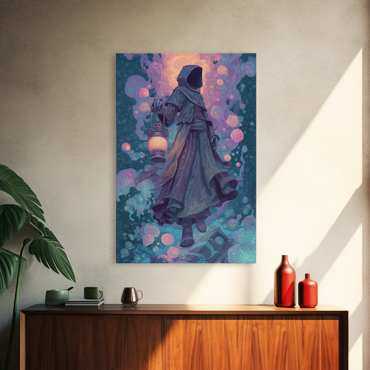 The Lantern-Bearer Of R’Lyeh, Retro Neon Halloween Art, Vertical Wall Art, Canvas Print, Retro Halloween Decor, Neon Wall Art